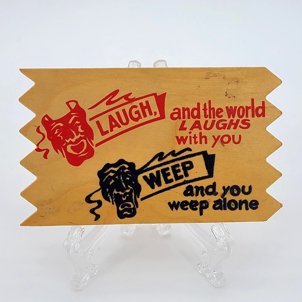 VTG Wooden Jaffre Postcard Laugh and the World Laughs Humor Sign 3" x 5"